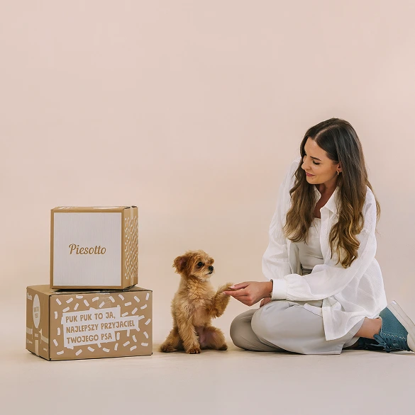 Dziewczyna z pieskiem przy kartonach